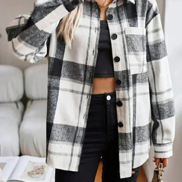 Black and White Casual Womens Plaid Print Drop Shoulder Shirt - Picture 5 of 7